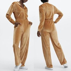 NEW Fabletics Velour Wide Leg Jumpsuit in Light Honey Gold Velvet Women’s Sz XXL
